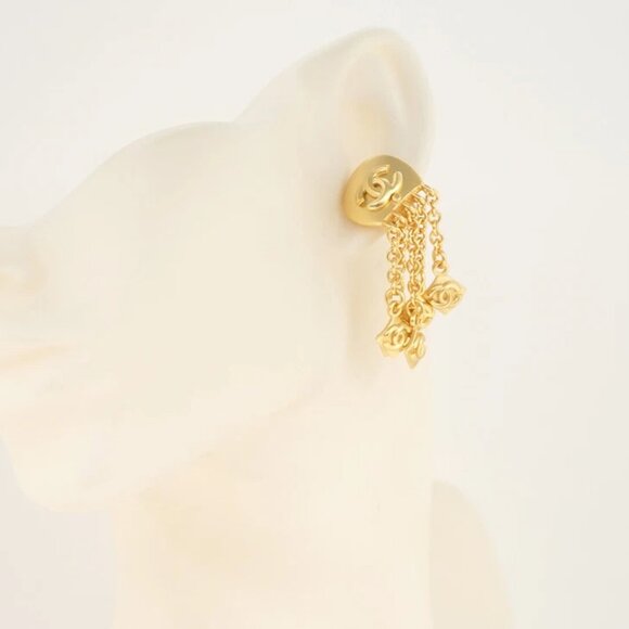CHANEL CC Logos Fringe Dangle Earrings Gold Tone 96P Auth w/Box #787-32 - Picture 2 of 6